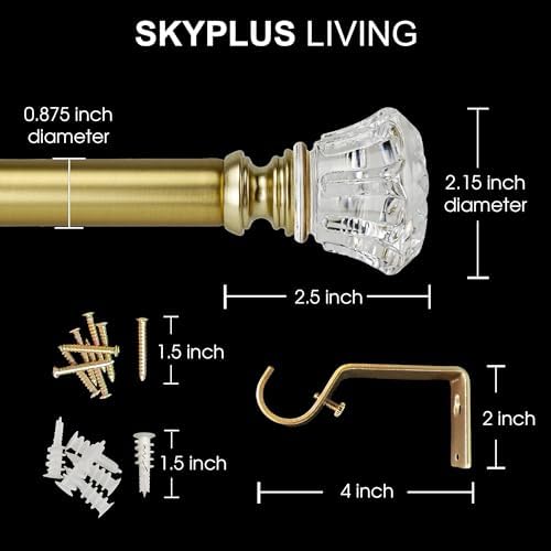 Gold Curtain Rod Set with Crystal Diamond Finials 36-72 Inch