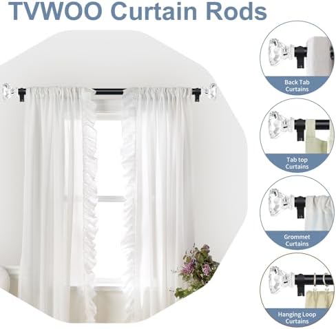 TVWOO Matte Black Crystal Window Rods 66-120 Inch