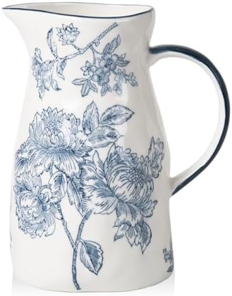Classic Ceramic Pitcher Vase Blue and White Decor with Handle