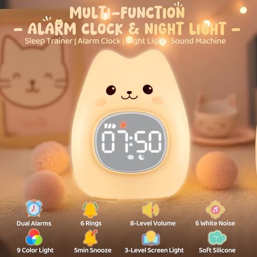 Cute Cat Alarm Clock with Night Light for Kids