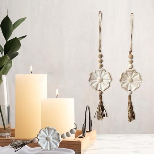 2pcs Carved Floral Tassels with Farmhouse Wood Beads