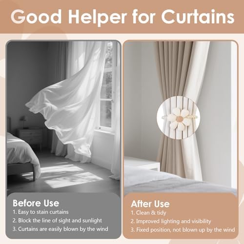 Magnetic Curtain Tiebacks 2 Pack Boho Flower Design Cream Beige