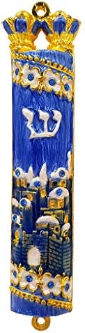 TALISMAN4U Blue Enamel Mezuzah Case with Gold Plated Crystals and Hebrew Scroll