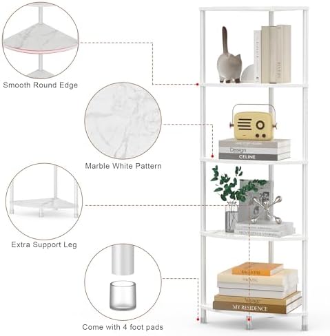 Greatseas 5 Tier Marble White Corner Shelf Stand
