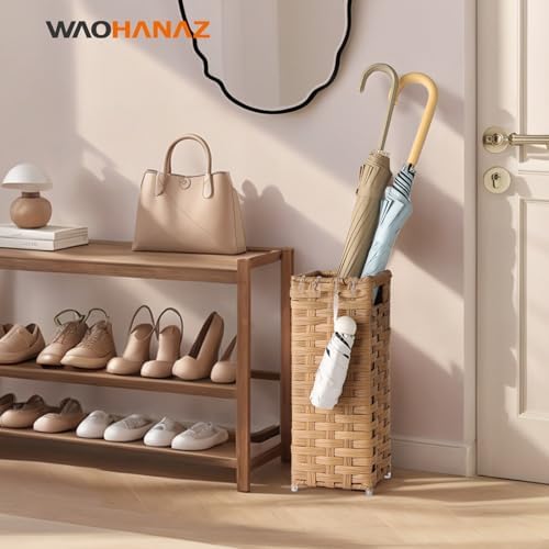 Waohanaz Rattan Umbrella Stand with Drip Tray and 4 Hooks