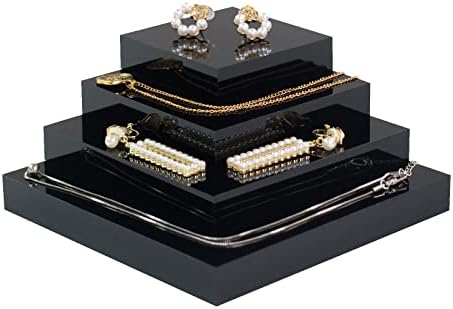 4Pcs Acrylic Square Display Stand Black Polished Cube Jewelry Showcase