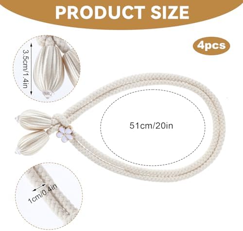 4 Piece Hand-Woven Cotton Curtain Tiebacks with Floral Buckles