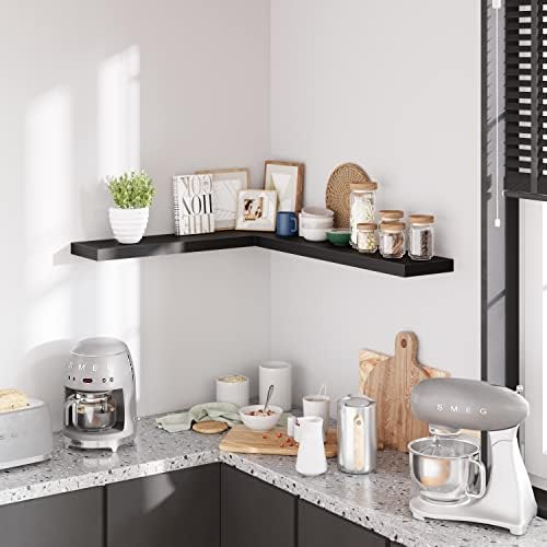 BAMEOS Floating Shelves Set of 2 - Black Wall Mounted Wooden Shelves