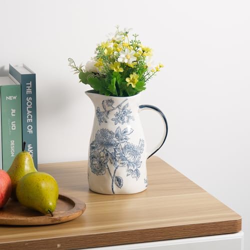 Classic Ceramic Pitcher Vase Blue and White Decor with Handle