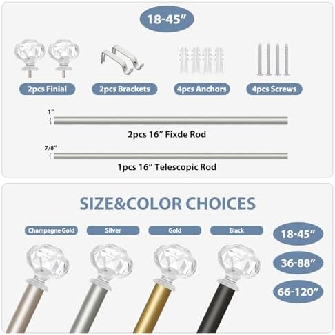 TVWOO Silver Crystal Curtain Rods 18-45 Inch Adjustable
