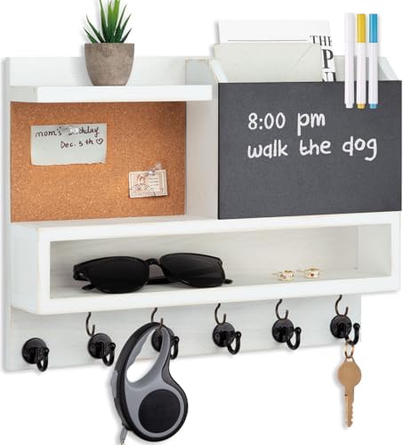 Fipute Key Holder Wall Mount with Chalkboard and Corkboard