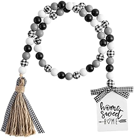 Farmhouse Plaid Wood Bead Garland with Tassel 40 Inch Decor