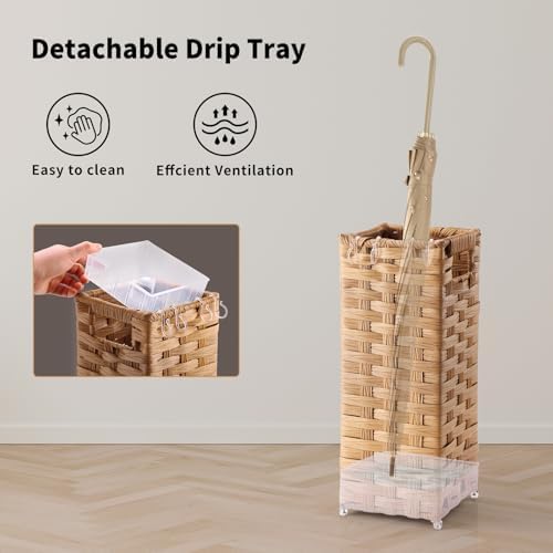 Waohanaz Rattan Umbrella Stand with Drip Tray and 4 Hooks