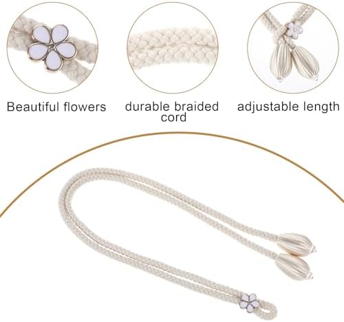 4 Piece Hand-Woven Cotton Curtain Tiebacks with Floral Buckles