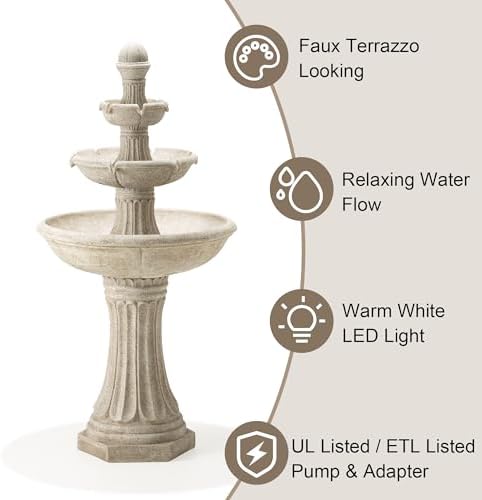 Glitzhome Three Tier Outdoor Floor Fountain with LED Lights and Pump
