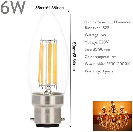10pcs Dimmable 6w Candle Bulb LED Filament B22 Bayonet 220V Warm White Light