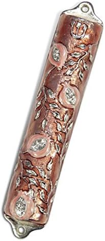 Bless This House Mezuzah Case 4 Inch Pomegranate Pewter Rose Pink