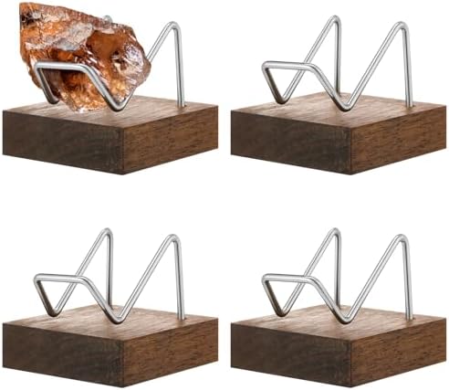 4 Pcs Rock Display Stand with Metal Arms and Wooden Base