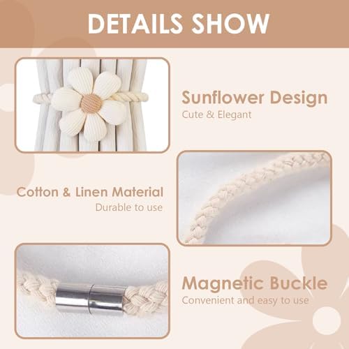 Magnetic Curtain Tiebacks 2 Pack Boho Flower Design Cream Beige