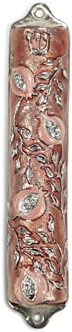 Bless This House Mezuzah Case 4 Inch Pomegranate Pewter Rose Pink