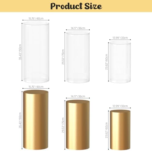 3PCS Clear Cylinder Stands with Gold Cover for Party Displays