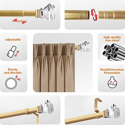 Exquisite Gold Adjustable 1in Steel Curtain Rod with Acrylic Finials