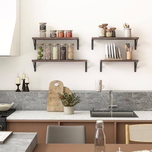 YGEOMER Floating Shelves Set of 4 Dark Brown Wall Shelves