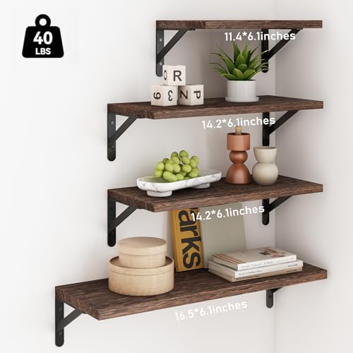 YGEOMER Floating Shelves Set of 4 Dark Brown Wall Shelves