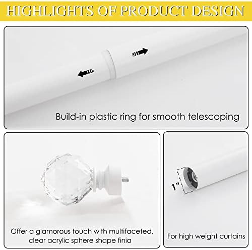 NICETOWN Adjustable Curtain Rod with Faceted Ball Ends 28-48 Inches Matte White