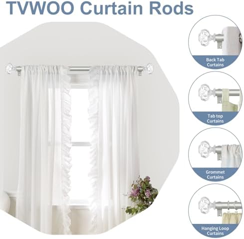 TVWOO Silver Crystal Curtain Rods 18-45 Inch Adjustable