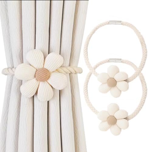 Magnetic Curtain Tiebacks 2 Pack Boho Flower Design Cream Beige