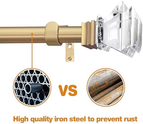 Exquisite Gold Adjustable 1in Steel Curtain Rod with Acrylic Finials