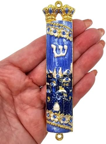 TALISMAN4U Blue Enamel Mezuzah Case with Gold Plated Crystals and Hebrew Scroll
