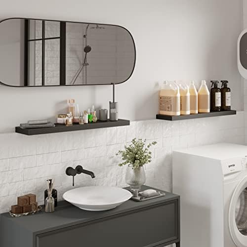 BAMEOS Floating Shelves Set of 2 - Black Wall Mounted Wooden Shelves