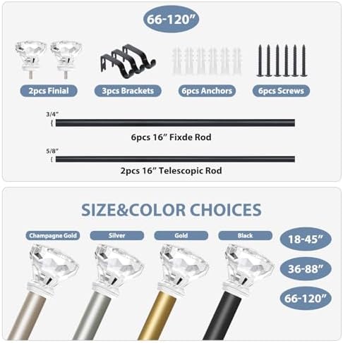 TVWOO Matte Black Crystal Window Rods 66-120 Inch