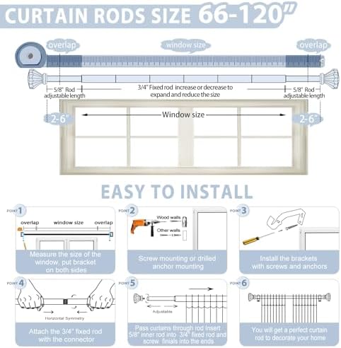 TVWOO Matte Black Crystal Window Rods 66-120 Inch