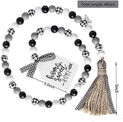 Farmhouse Plaid Wood Bead Garland with Tassel 40 Inch Decor