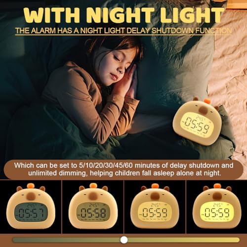Capybara Kids Alarm Clock with Night Light and 3 Alarm Modes
