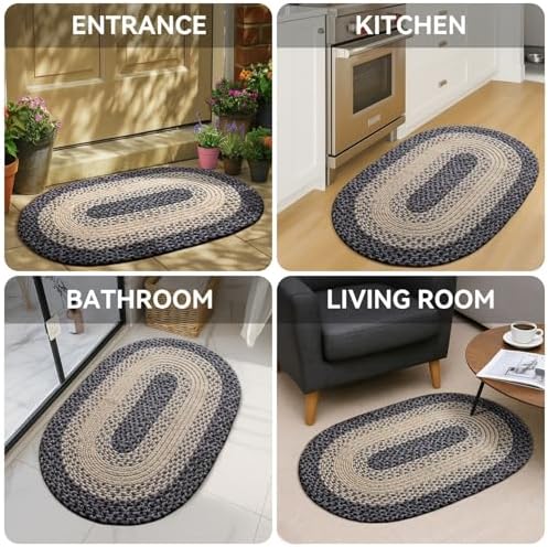 Oval Braided Rug 2x3 with Anti-Slip Pads
