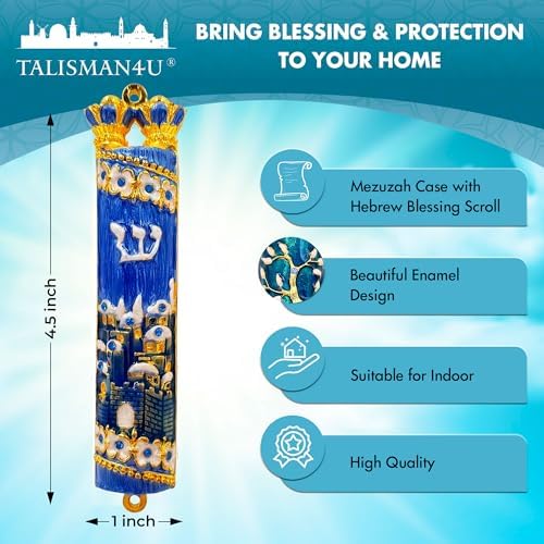 TALISMAN4U Blue Enamel Mezuzah Case with Gold Plated Crystals and Hebrew Scroll