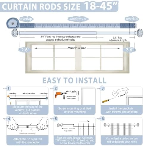 TVWOO Silver Crystal Curtain Rods 18-45 Inch Adjustable