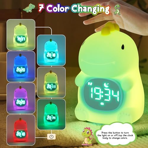 Dinosaur Alarm Clock with Sleep Training and Night Light for Kids