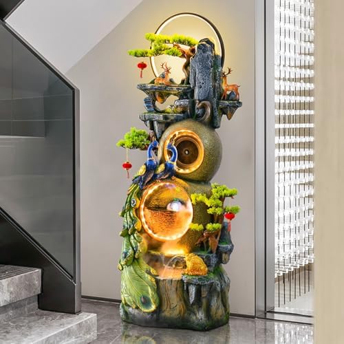 Peacock Themed Zen Water Fountain with LED Lights