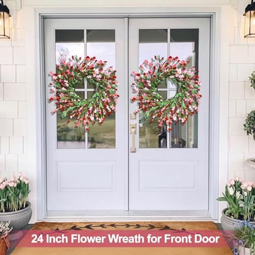 24 Inch Artificial Spring Wreath Red Pink
