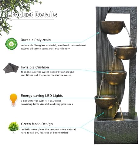 Sunlinua 5-Tier Large Water Fountain with LED Lights and Pump