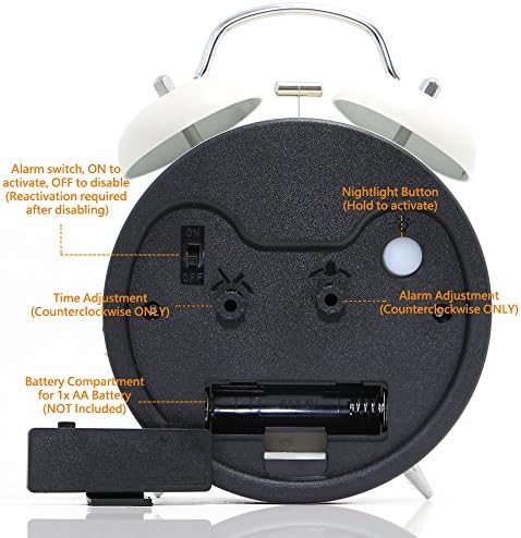 Betus Non-Ticking Twin Bell Alarm Clock with Backlight and Matte Metal Frame
