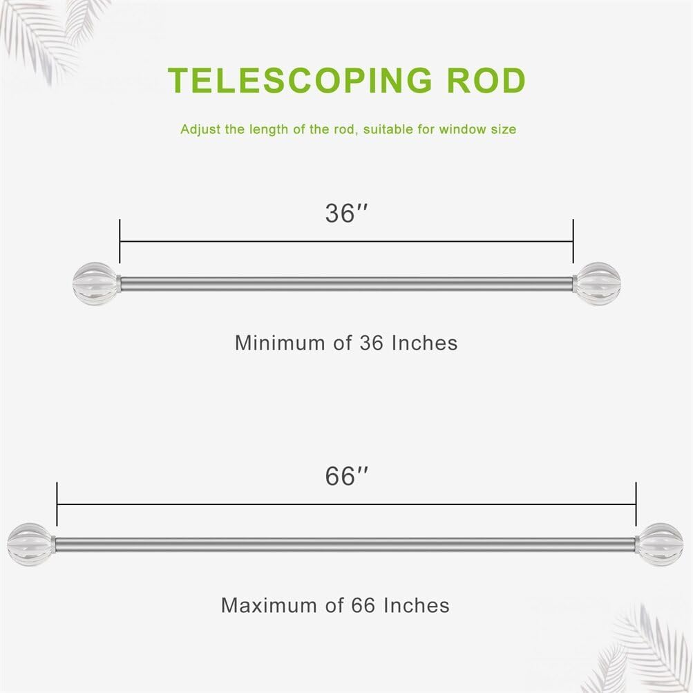 DAINTIER Curtain Rod 36-66 Inch Matte Silver Crystal Finial