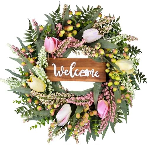20 Inch Spring Summer Tulip Door Wreath with Berries and Cattails