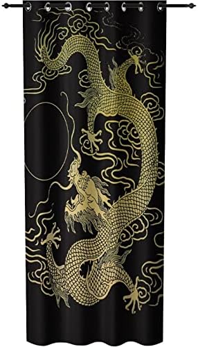 Gold Dragon Print Door Curtain Panel 39x78 Inches