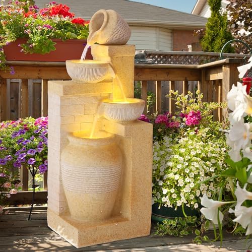 4-Tier Indoor Outdoor Water Feature Fountain with LED Lights Yellow